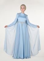 Tesettür giyim MAVİ OMUZLARDAN ŞİFON KUMAŞ DETAYLI ABİYE ELBİSE 7997 