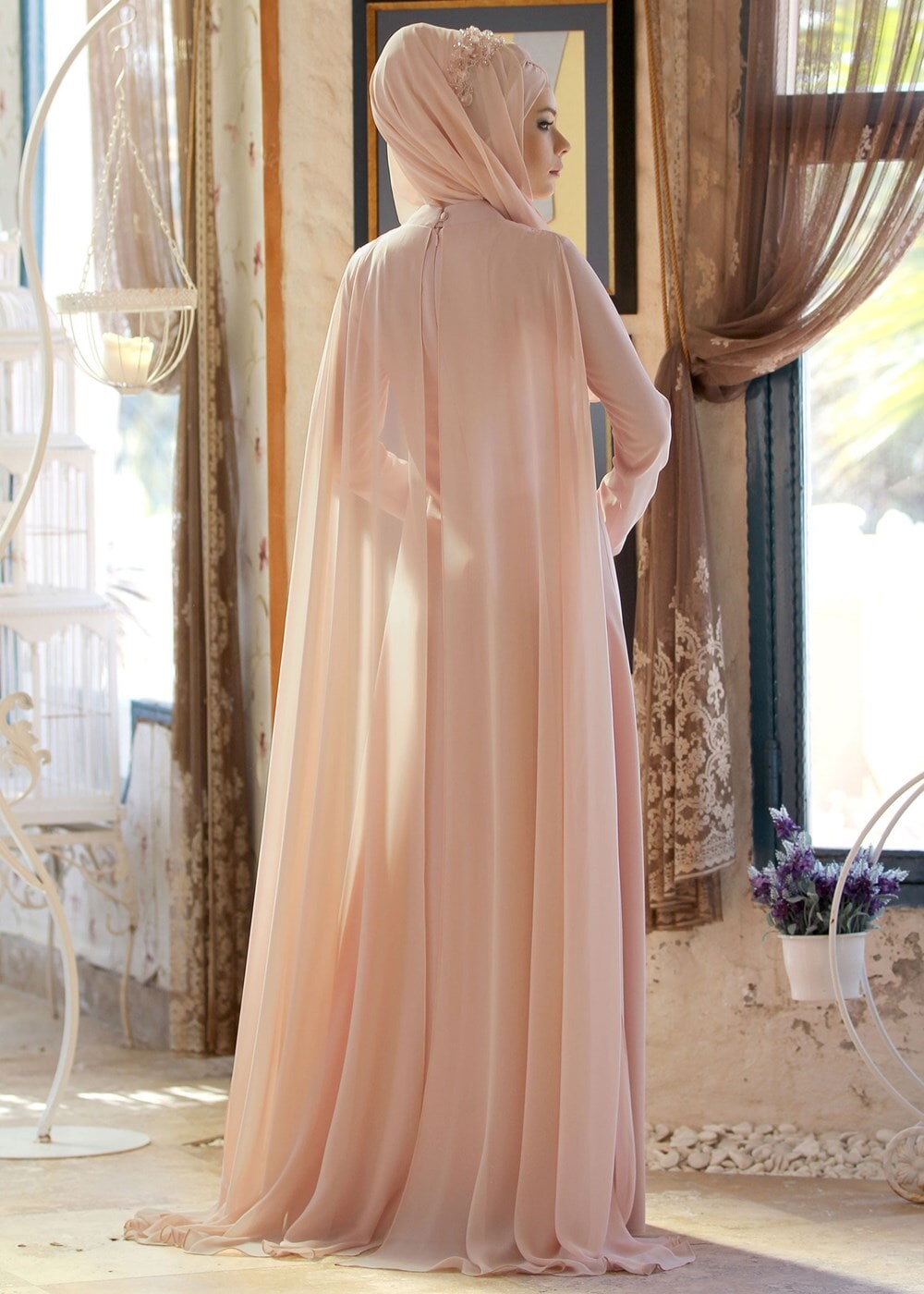 Tesettür giyim PUDRA GÜPÜR DETAYLI ABİYE ELBİSE 8252 