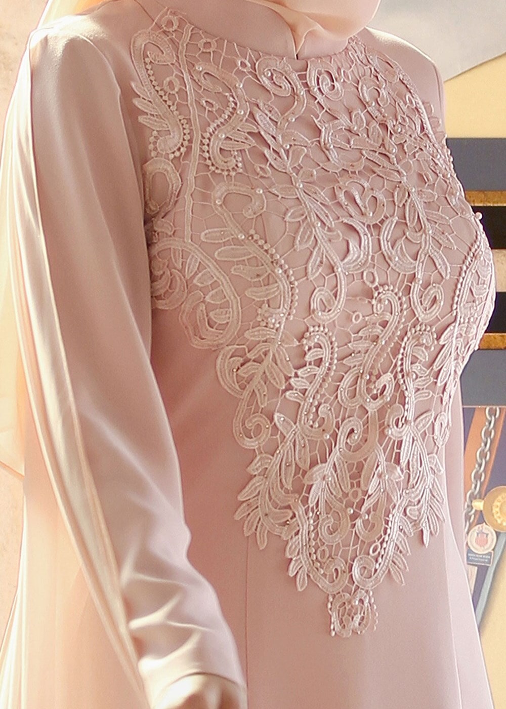 Tesettür giyim PUDRA GÜPÜR DETAYLI ABİYE ELBİSE 8252 