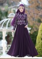 Tesettür giyim MOR İŞLEMELİ ŞİFON ABİYE ELBİSE 8608
