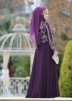 Tesettür giyim MOR İŞLEMELİ ŞİFON ABİYE ELBİSE 8608