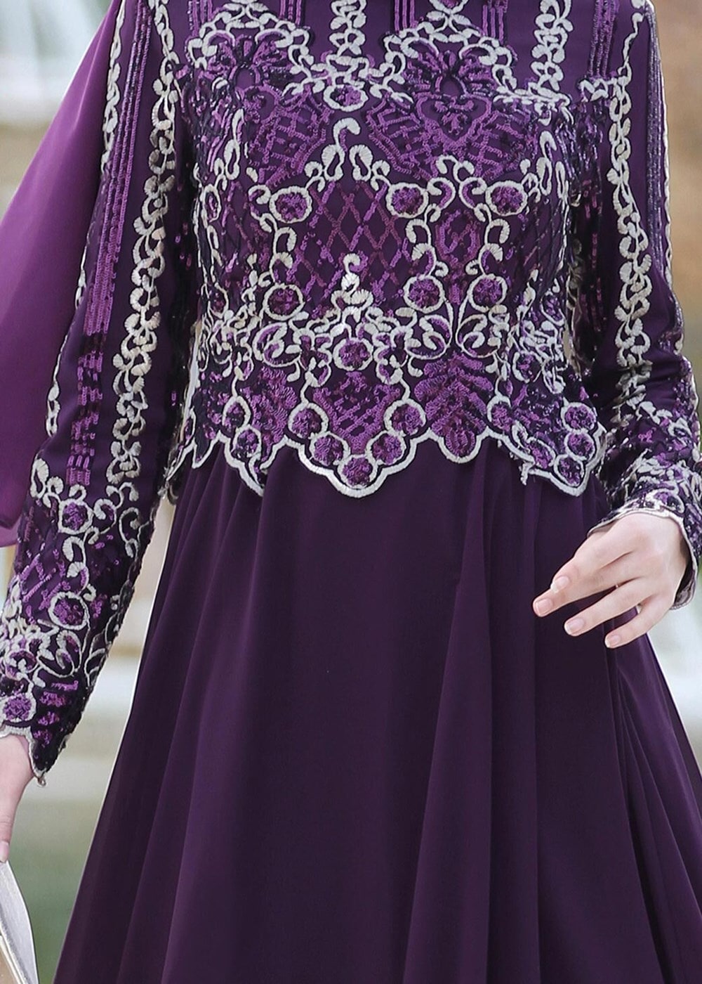 Tesettür giyim MOR İŞLEMELİ ŞİFON ABİYE ELBİSE 8608
