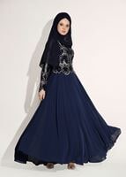 Tesettür giyim LACİVERT İŞLEMELİ ŞİFON ABİYE ELBİSE 8608