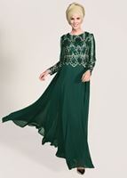 Tesettür giyim YEŞİL İŞLEMELİ ŞİFON ABİYE ELBİSE 8608