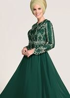Tesettür giyim YEŞİL İŞLEMELİ ŞİFON ABİYE ELBİSE 8608