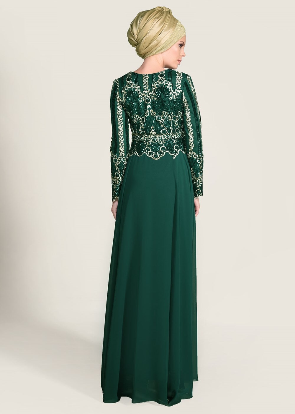 Tesettür giyim YEŞİL İŞLEMELİ ŞİFON ABİYE ELBİSE 8608