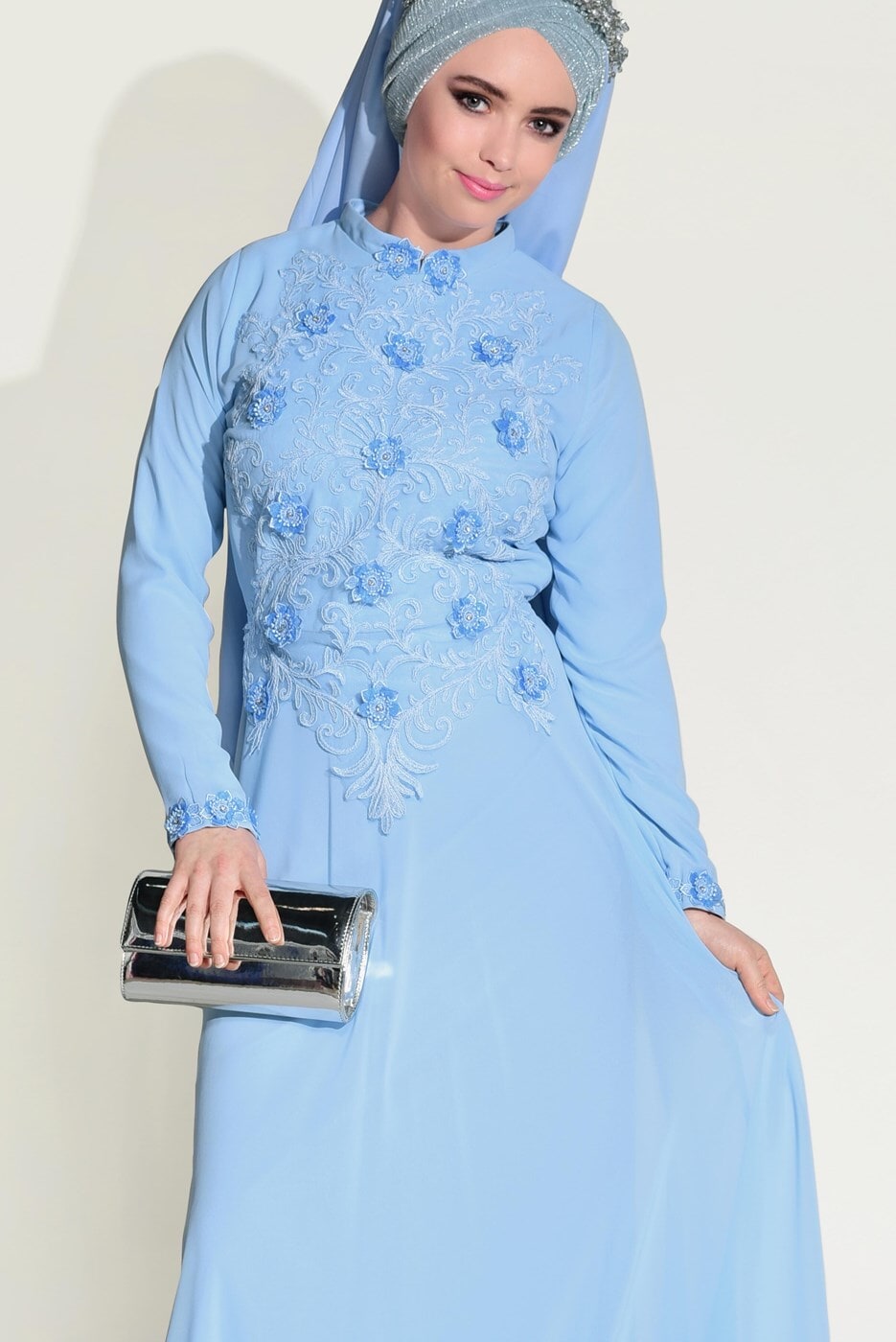 Hijab clothing BLUE  LACE DETAILED EVENING DRESS 8714