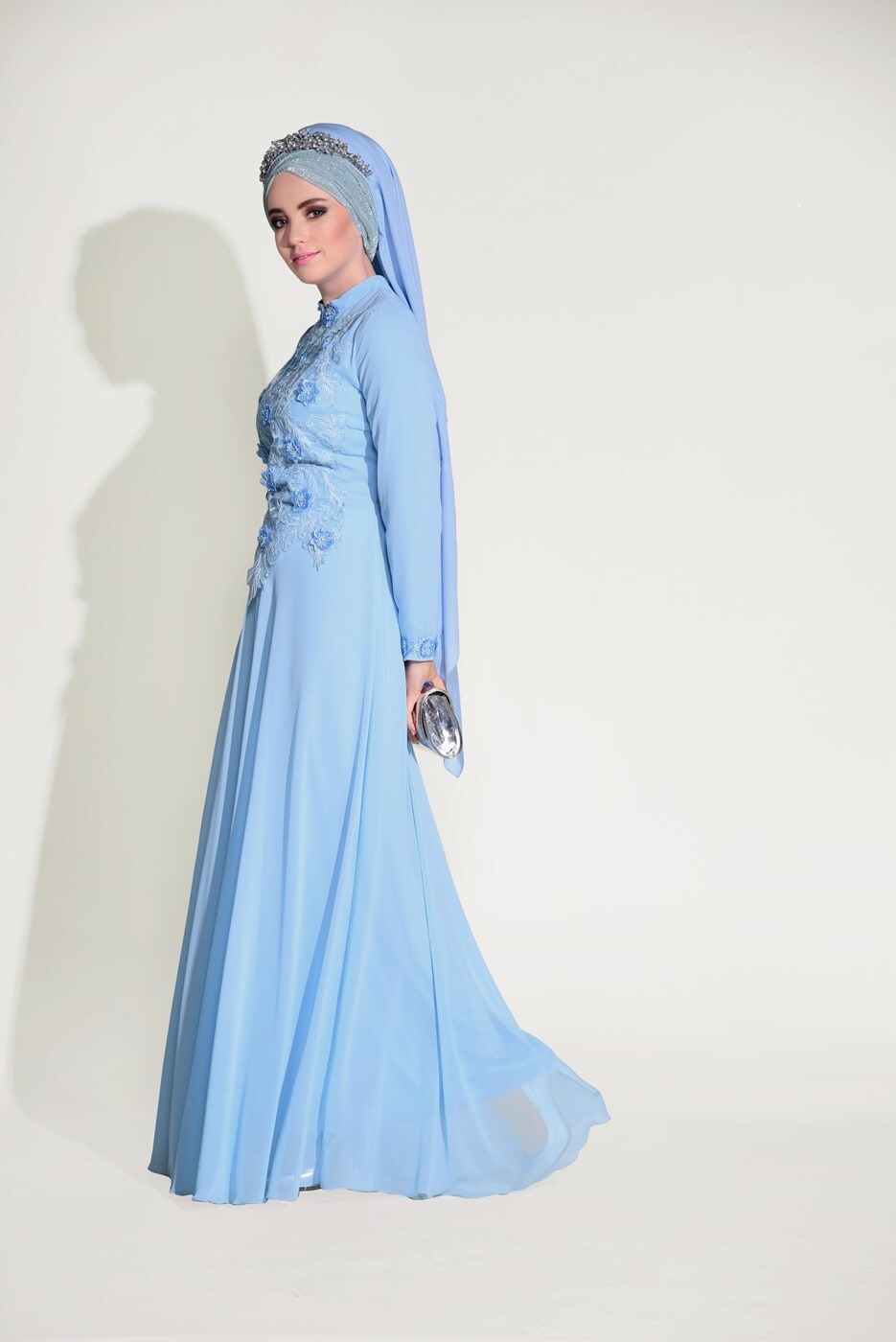 Hijab clothing BLUE  LACE DETAILED EVENING DRESS 8714