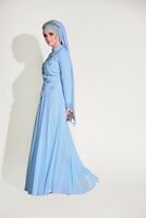 Hijab clothing BLUE  LACE DETAILED EVENING DRESS 8714