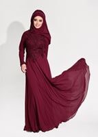 Hijab clothing CLARET RED  LACE DETAILED EVENING DRESS 8714