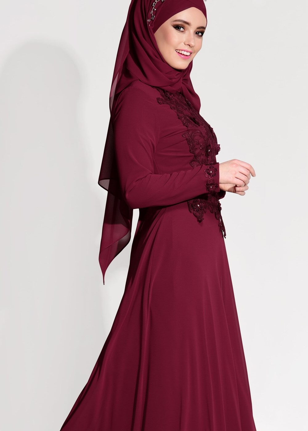 Hijab clothing CLARET RED  LACE DETAILED EVENING DRESS 8714