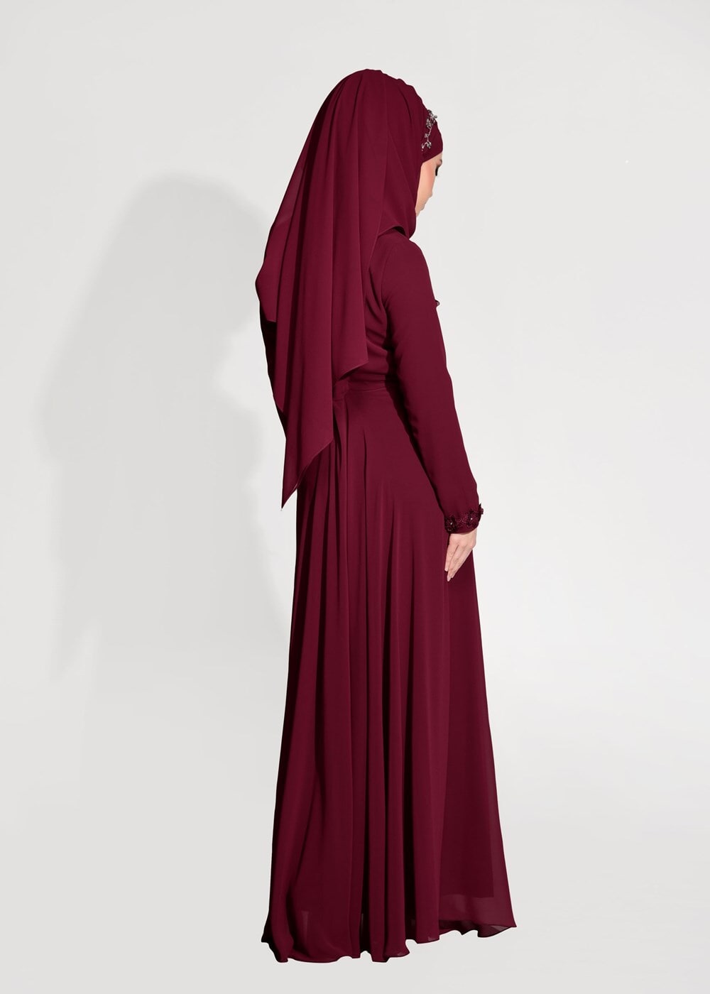 Hijab clothing CLARET RED  LACE DETAILED EVENING DRESS 8714