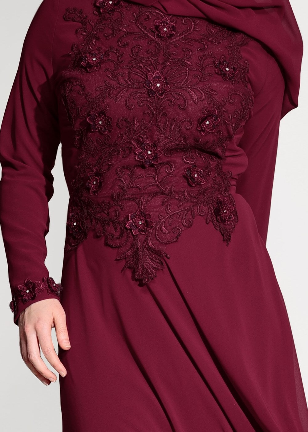 Hijab clothing CLARET RED  LACE DETAILED EVENING DRESS 8714