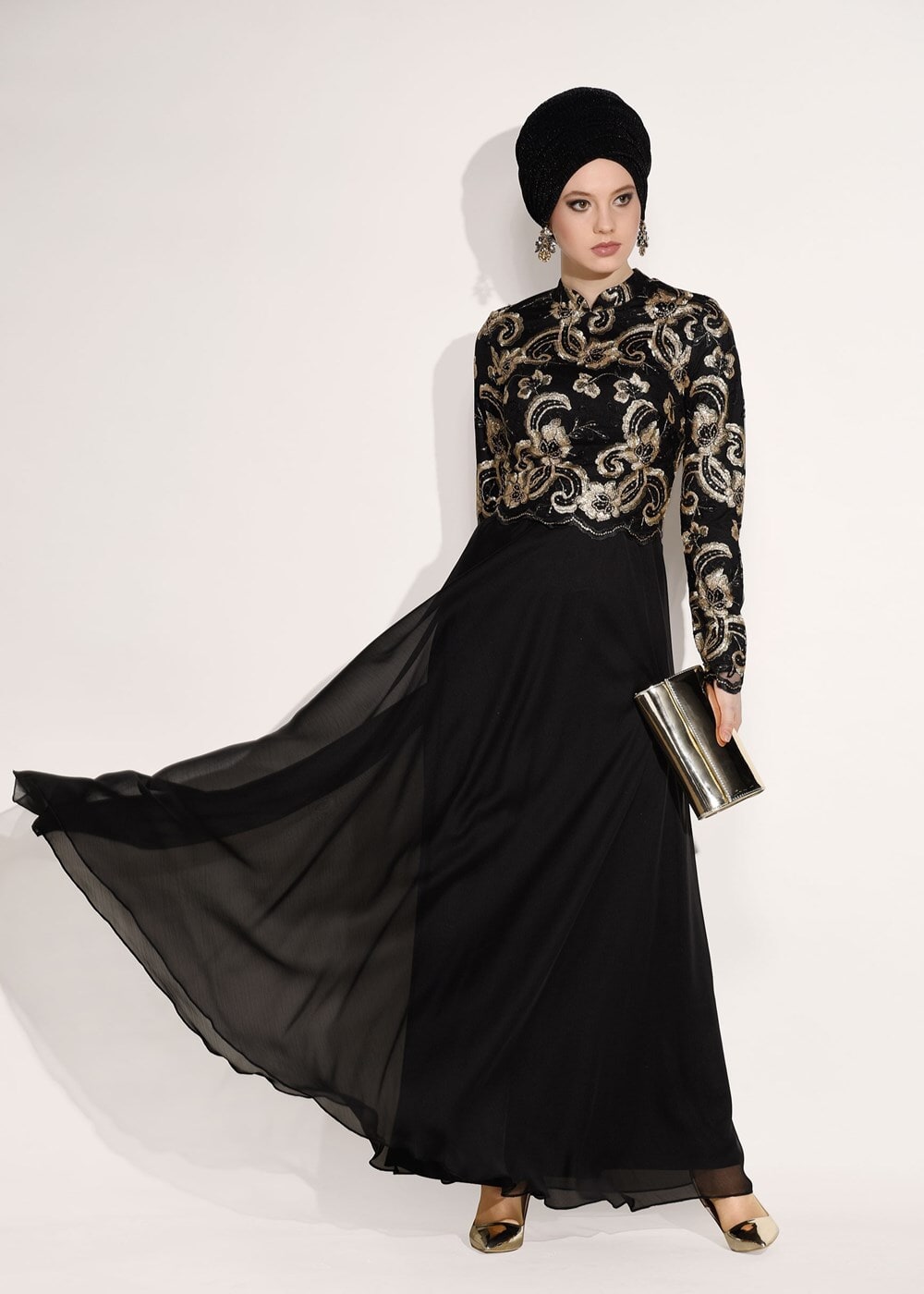 Tesettür giyim SİYAH HAKİM YAKA ÇİÇEK İŞLEMELİ ABİYE ELBİSE  9008 