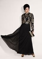 Tesettür giyim SİYAH HAKİM YAKA ÇİÇEK İŞLEMELİ ABİYE ELBİSE  9008 