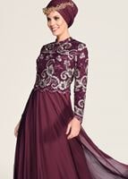 Tesettür giyim BORDO HAKİM YAKA ÇİÇEK İŞLEMELİ ABİYE ELBİSE  9008 