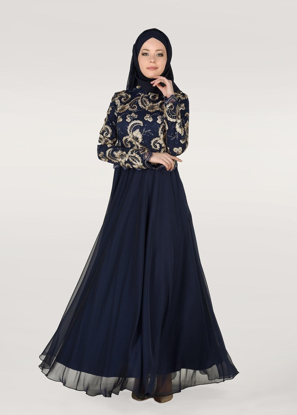 Tesettür giyim LACİVERT HAKİM YAKA ÇİÇEK İŞLEMELİ ABİYE ELBİSE  9008 