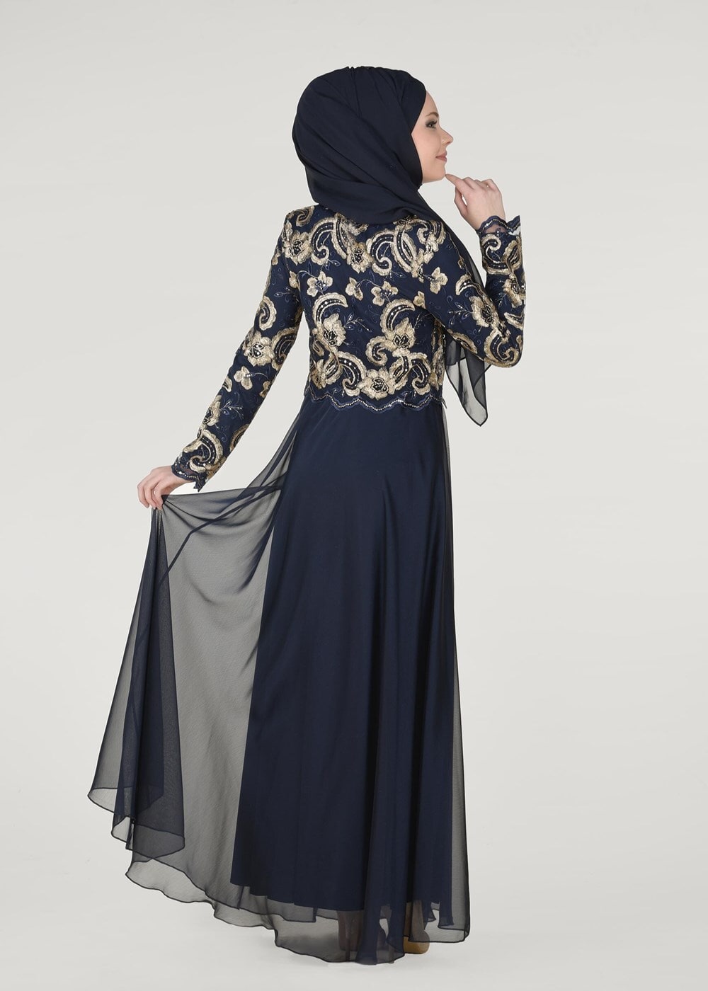 Tesettür giyim LACİVERT HAKİM YAKA ÇİÇEK İŞLEMELİ ABİYE ELBİSE  9008 