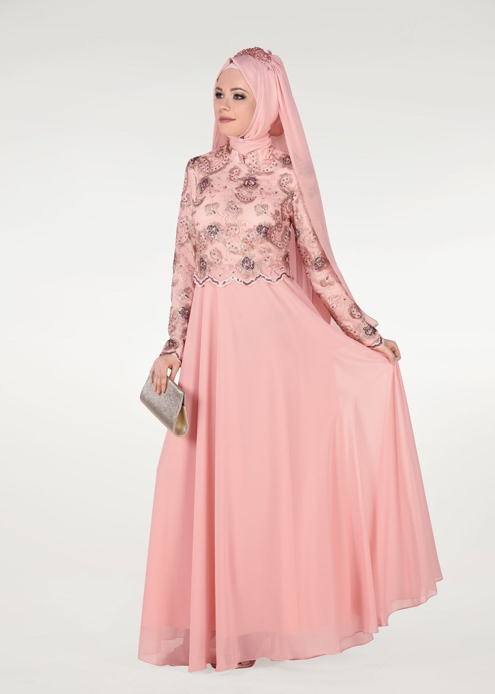 Tesettür giyim PUDRA HAKİM YAKA ÇİÇEK İŞLEMELİ ABİYE ELBİSE  9008 