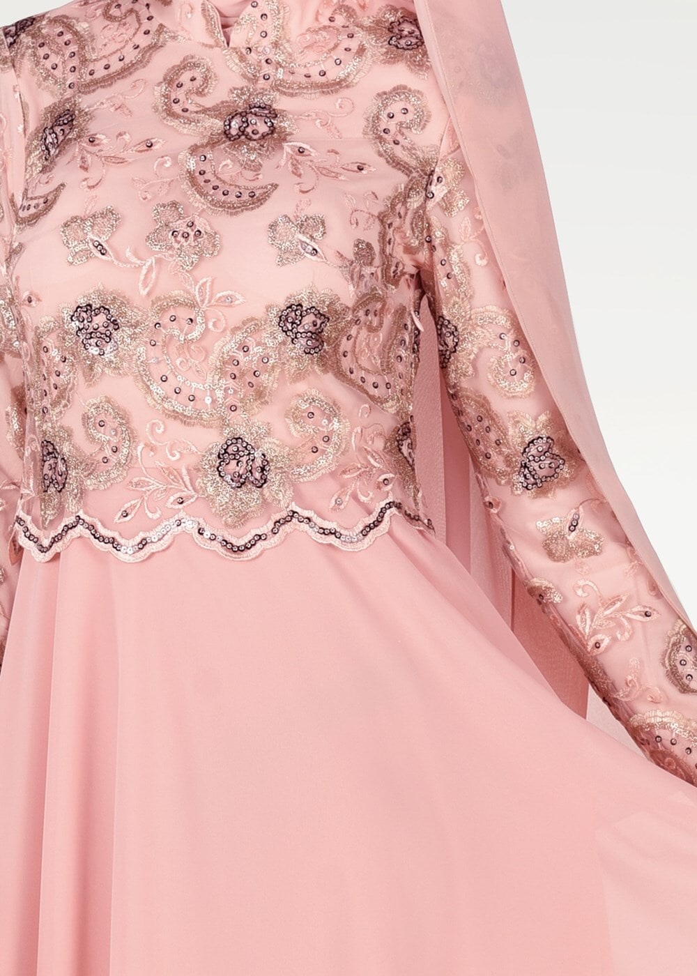 Tesettür giyim PUDRA HAKİM YAKA ÇİÇEK İŞLEMELİ ABİYE ELBİSE  9008 