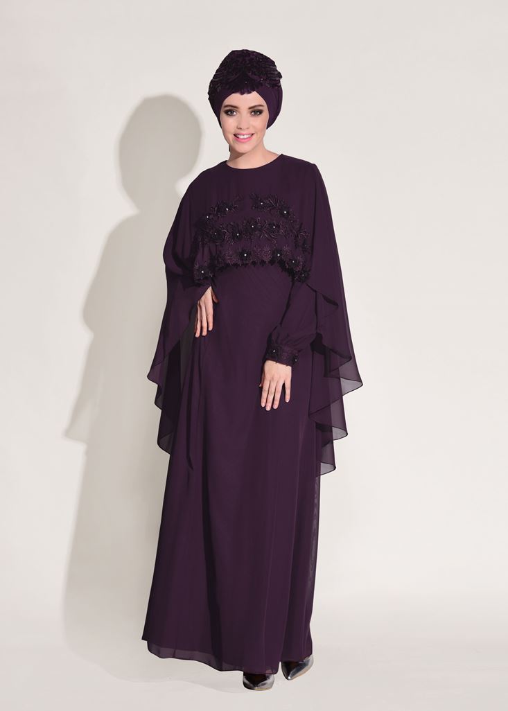 Tesettür giyim MÜRDÜM PELERİN DETAYLI ABİYE ELBİSE 9103