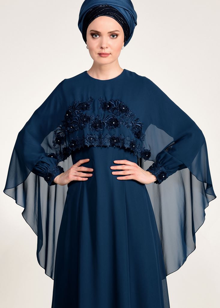 Tesettür giyim MAVİ PELERİN DETAYLI ABİYE ELBİSE 9103