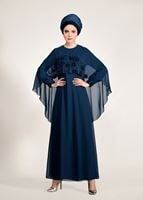 Tesettür giyim MAVİ PELERİN DETAYLI ABİYE ELBİSE 9103