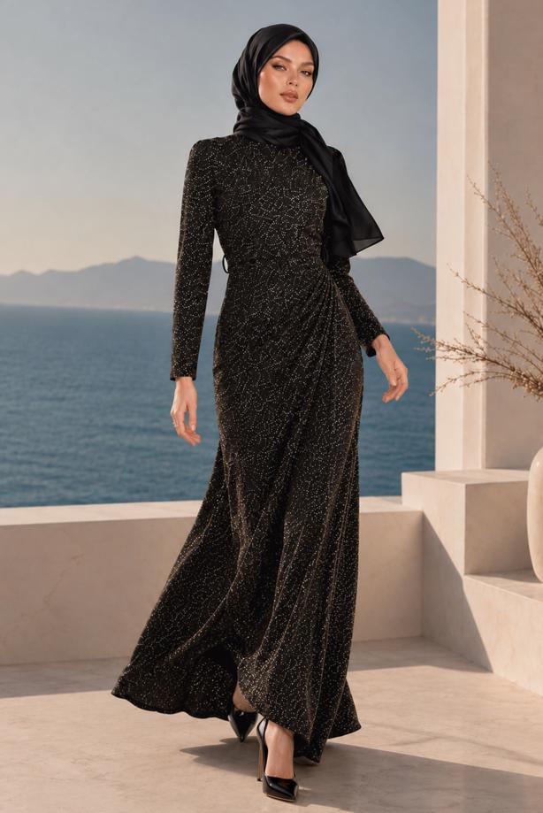 Hijab-Kleidung  ABENDKLEID MIT GÜRTEL T 9565 - TRENDTESETTÜR