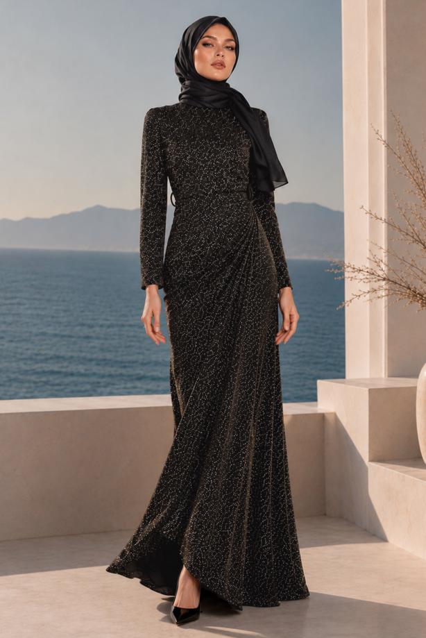 Hijab-Kleidung  ABENDKLEID MIT GÜRTEL T 9565 - TRENDTESETTÜR