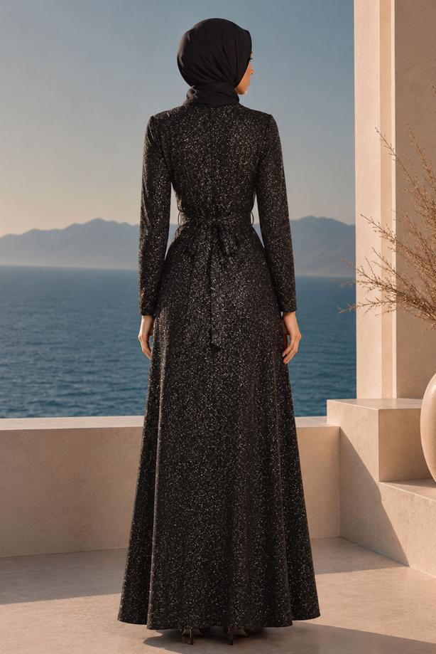 Hijab-Kleidung  ABENDKLEID MIT GÜRTEL T 9565 - TRENDTESETTÜR