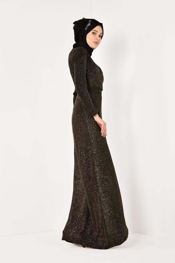 Tesettür giyim  BELİ KUŞAKLI SİMLİ ABİYE ELBİSE T 9565 - TRENDTESETTÜR