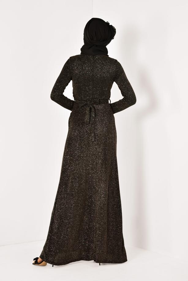 Tesettür giyim  BELİ KUŞAKLI SİMLİ ABİYE ELBİSE T 9565 - TRENDTESETTÜR