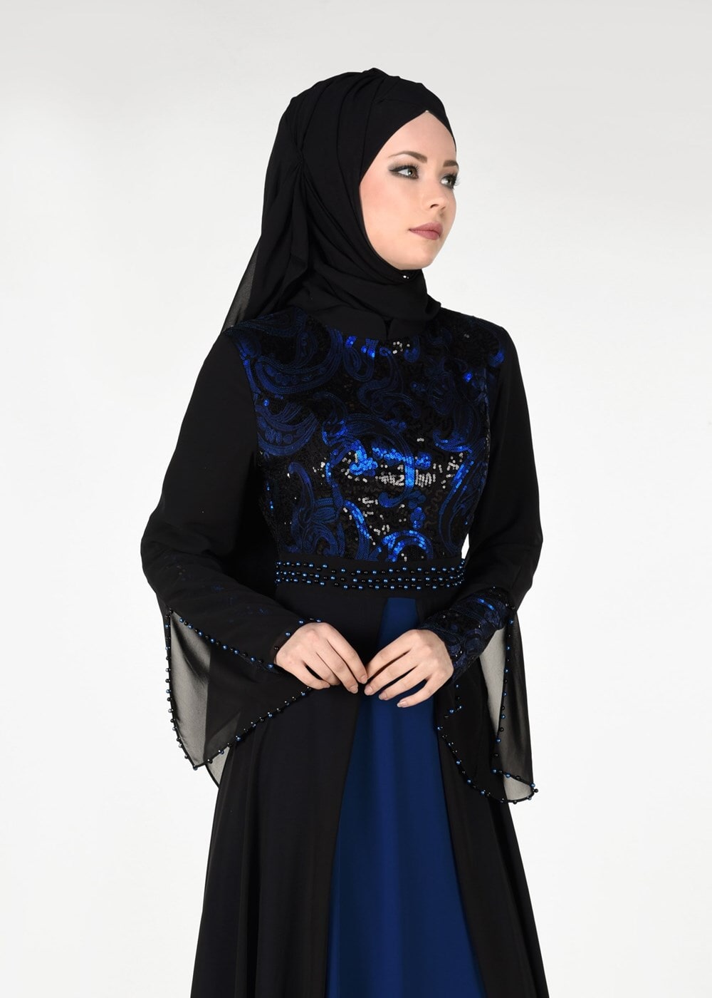 Tesettür giyim SİYAH PUL PAYETLİ TÜL DETAYLI ABİYE ELBİSE 9597
