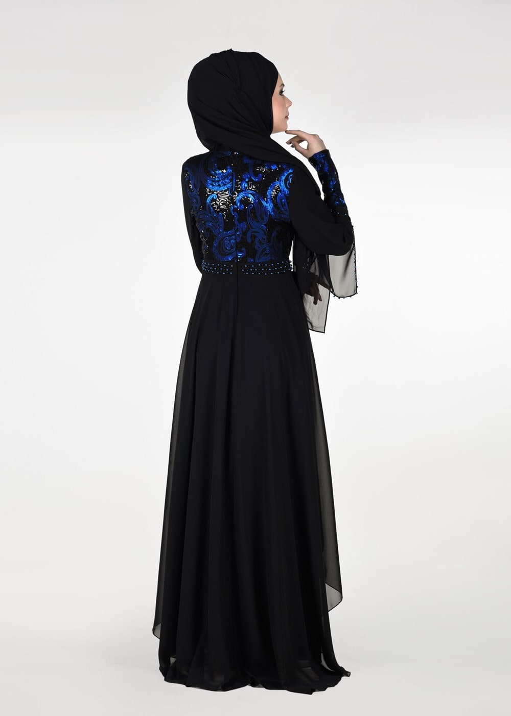 Tesettür giyim SİYAH PUL PAYETLİ TÜL DETAYLI ABİYE ELBİSE 9597