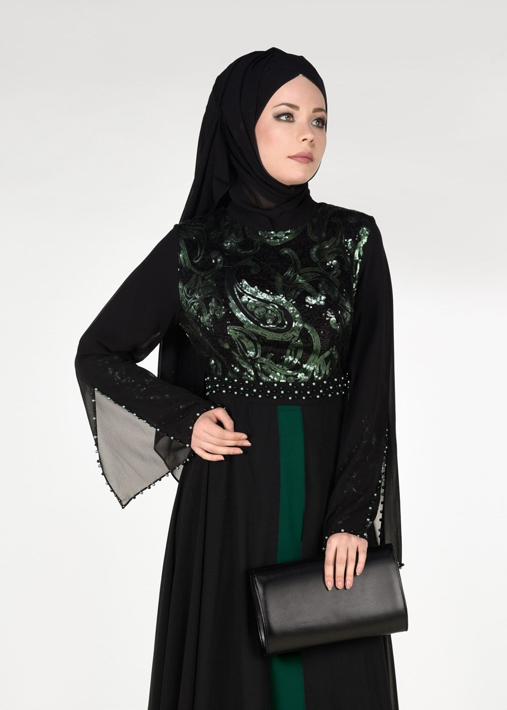 Tesettür giyim YEŞİL PUL PAYETLİ TÜL DETAYLI ABİYE ELBİSE 9597