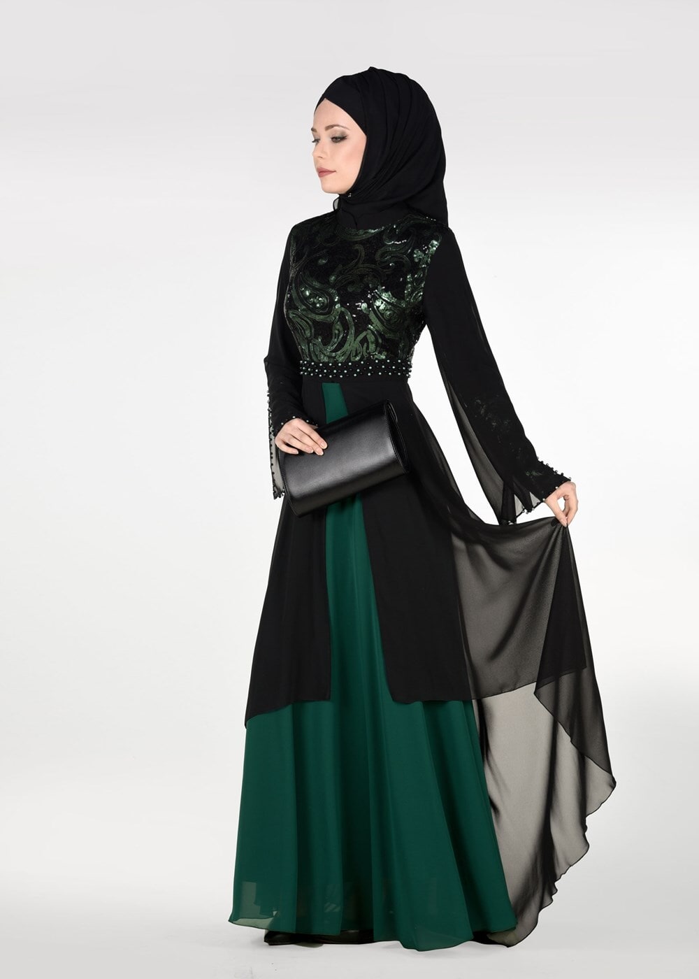 Tesettür giyim YEŞİL PUL PAYETLİ TÜL DETAYLI ABİYE ELBİSE 9597