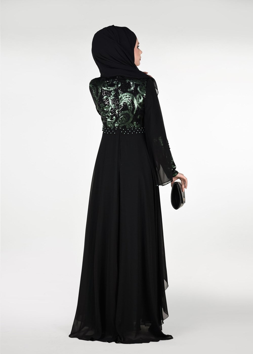 Tesettür giyim YEŞİL PUL PAYETLİ TÜL DETAYLI ABİYE ELBİSE 9597