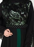 Tesettür giyim YEŞİL PUL PAYETLİ TÜL DETAYLI ABİYE ELBİSE 9597