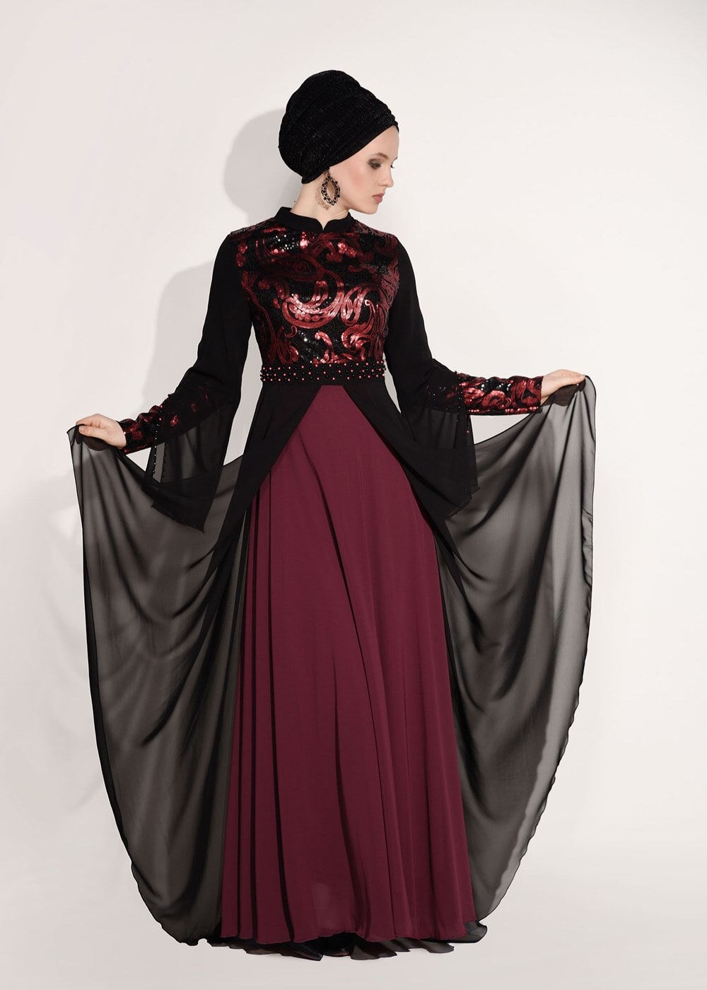 Tesettür giyim SİYAH PUL PAYETLİ TÜL DETAYLI ABİYE ELBİSE 9597