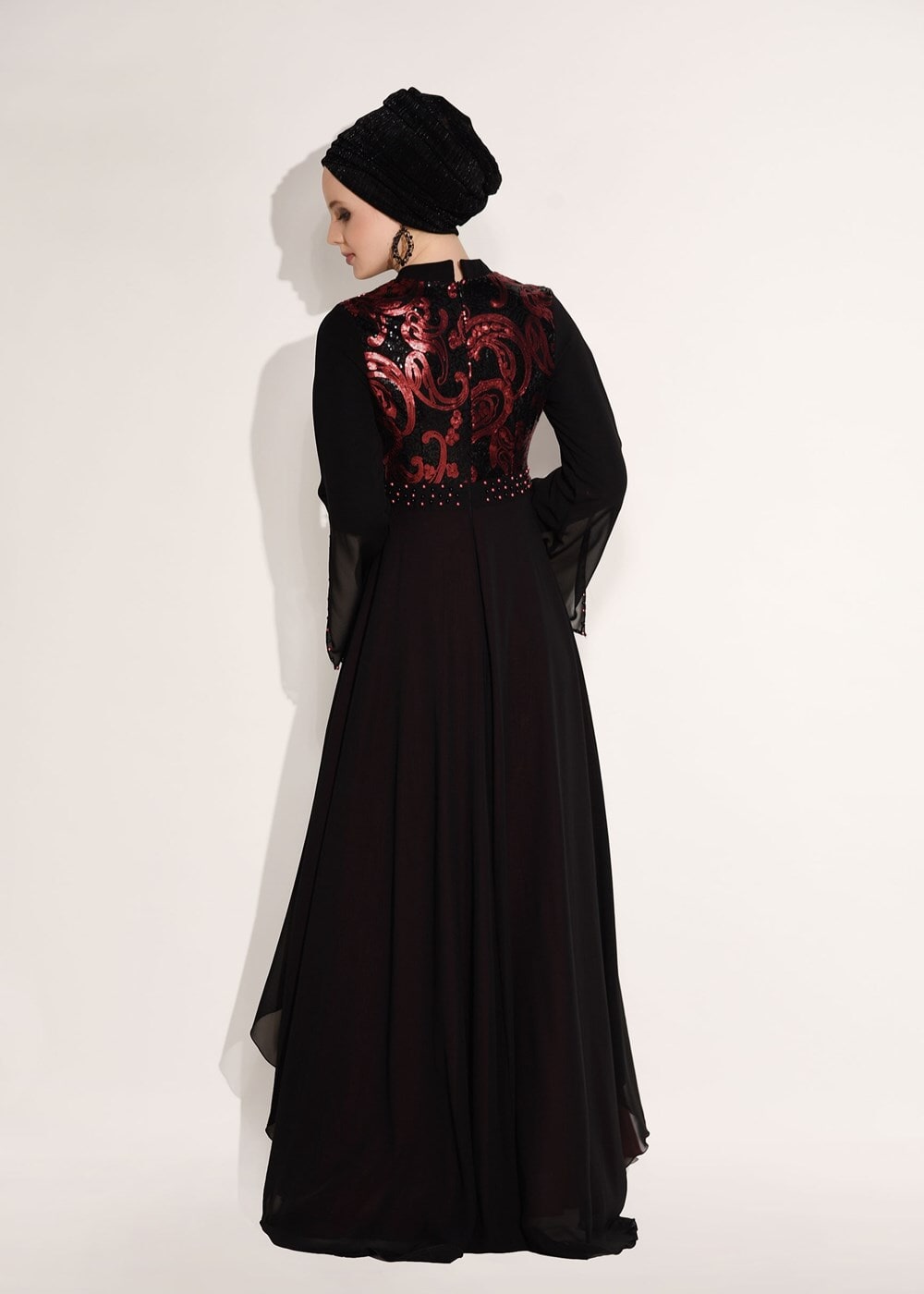 Tesettür giyim SİYAH PUL PAYETLİ TÜL DETAYLI ABİYE ELBİSE 9597