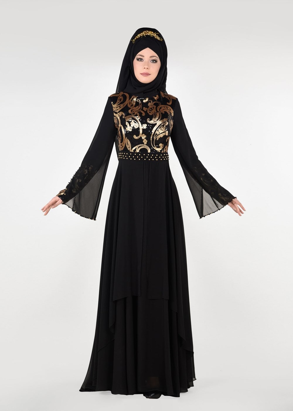 Tesettür giyim SİYAH PUL PAYETLİ TÜL DETAYLI ABİYE ELBİSE 9597