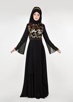 Tesettür giyim SİYAH PUL PAYETLİ TÜL DETAYLI ABİYE ELBİSE 9597