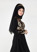 Tesettür giyim SİYAH PUL PAYETLİ TÜL DETAYLI ABİYE ELBİSE 9597