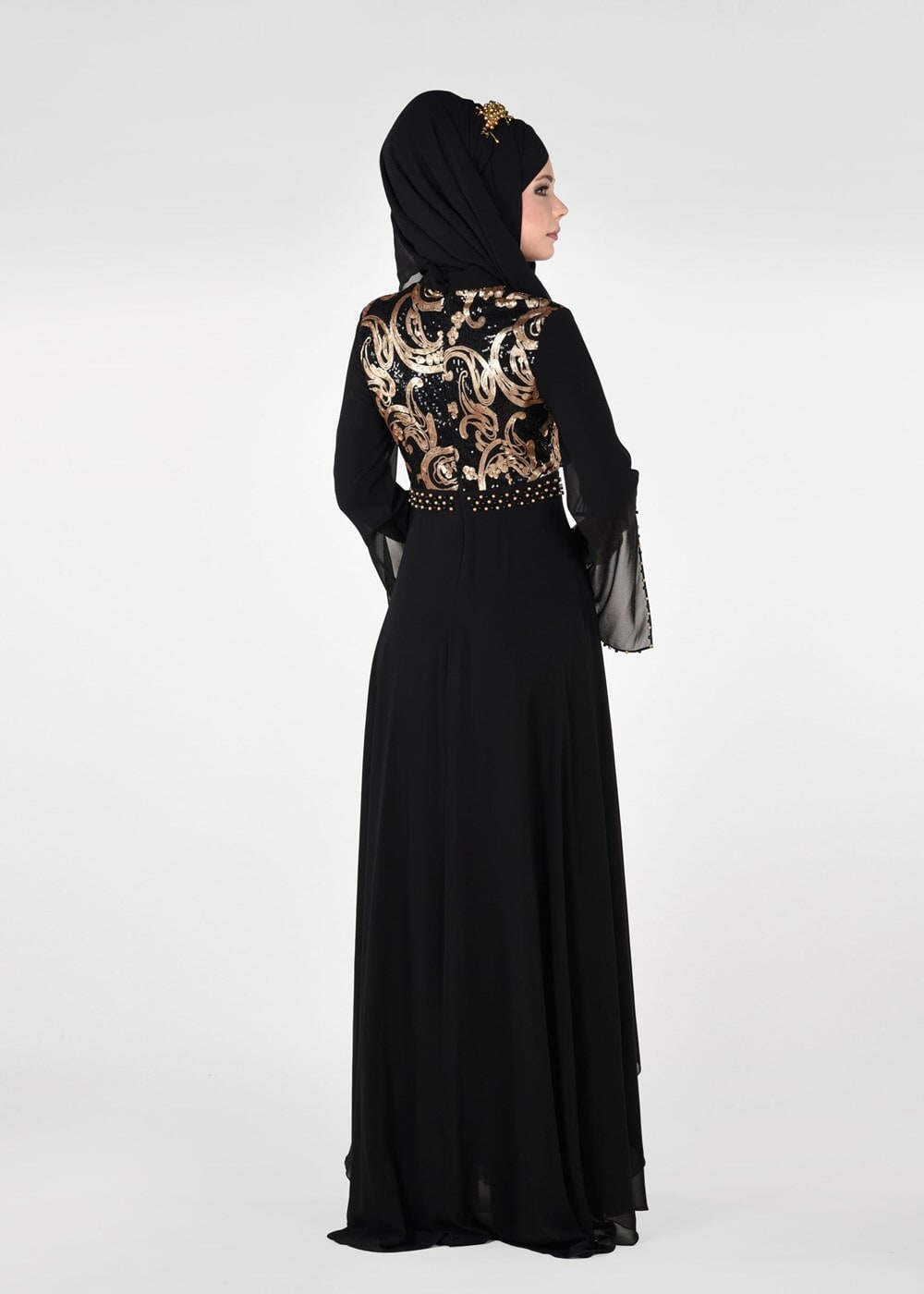 Tesettür giyim SİYAH PUL PAYETLİ TÜL DETAYLI ABİYE ELBİSE 9597
