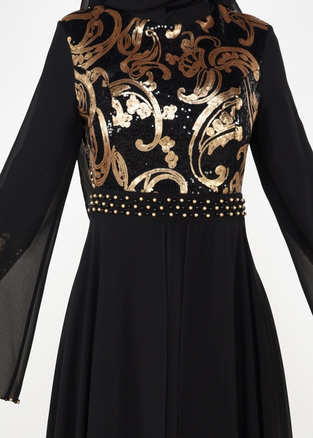 Tesettür giyim SİYAH PUL PAYETLİ TÜL DETAYLI ABİYE ELBİSE 9597