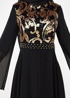 Tesettür giyim SİYAH PUL PAYETLİ TÜL DETAYLI ABİYE ELBİSE 9597