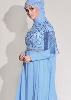 Tesettür giyim MAVİ KOLLARI SİM SAÇAK DETAYLI ABİYE ELBİSE 9608 
