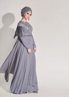 Tesettür giyim GRİ KOLLARI SİM SAÇAK DETAYLI ABİYE ELBİSE 9608 