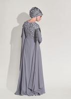 Tesettür giyim GRİ KOLLARI SİM SAÇAK DETAYLI ABİYE ELBİSE 9608 