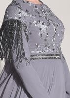 Tesettür giyim GRİ KOLLARI SİM SAÇAK DETAYLI ABİYE ELBİSE 9608 